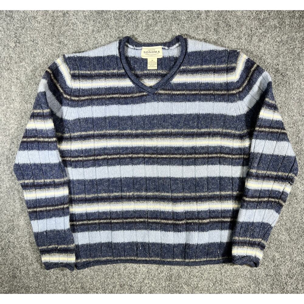 Vintage 90s Sonoma 100% Wool Striped Sweater Blue Knit Pullover Medium